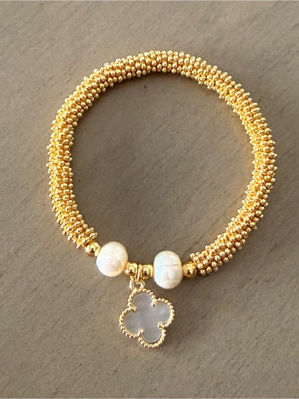 Gold Beaded Bracelet with Mother-of-Pearl Clover Charm by